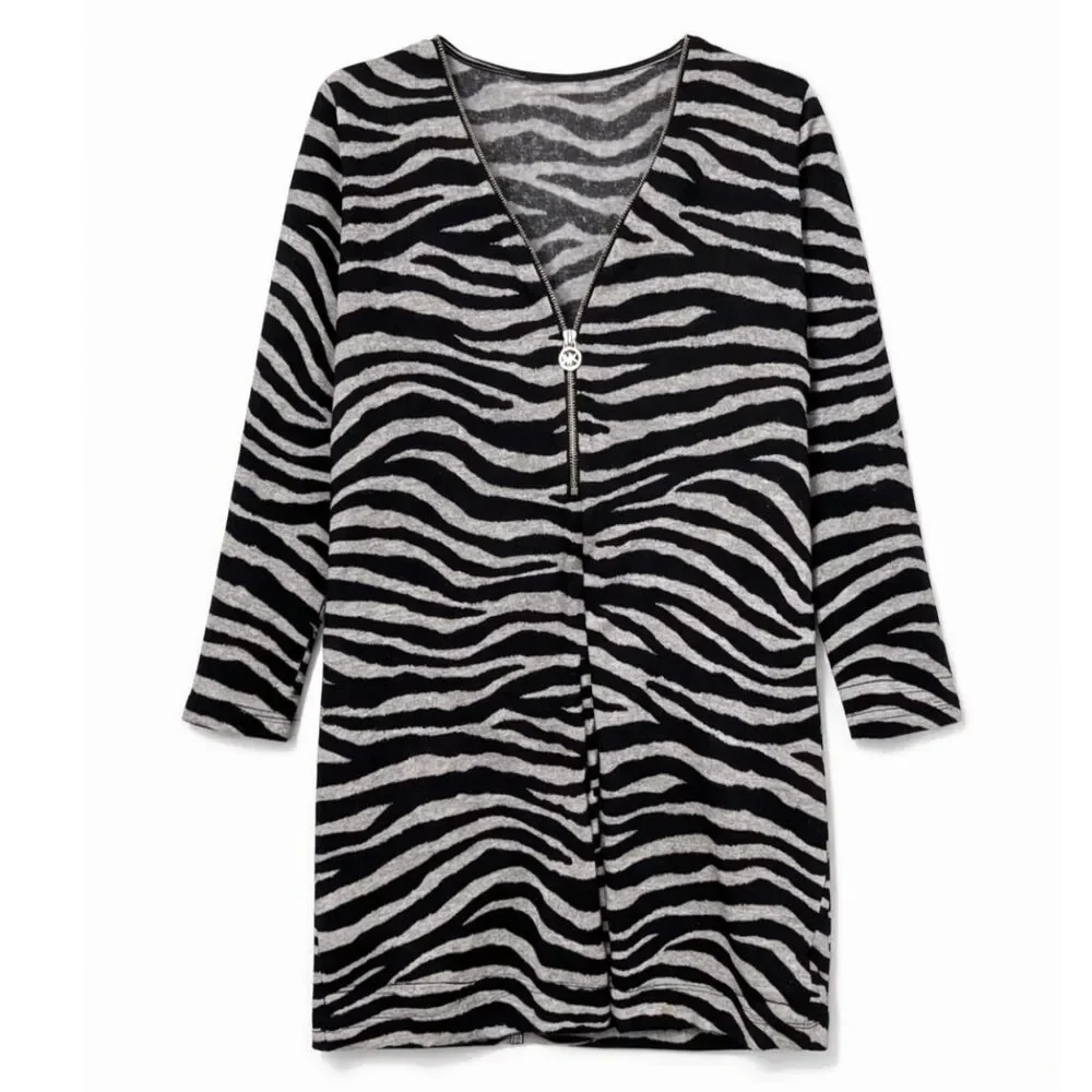 Michael‎ Kors Zebra Print Quarter Zip Dress Womens Medium Stretch Bodycon Mini
